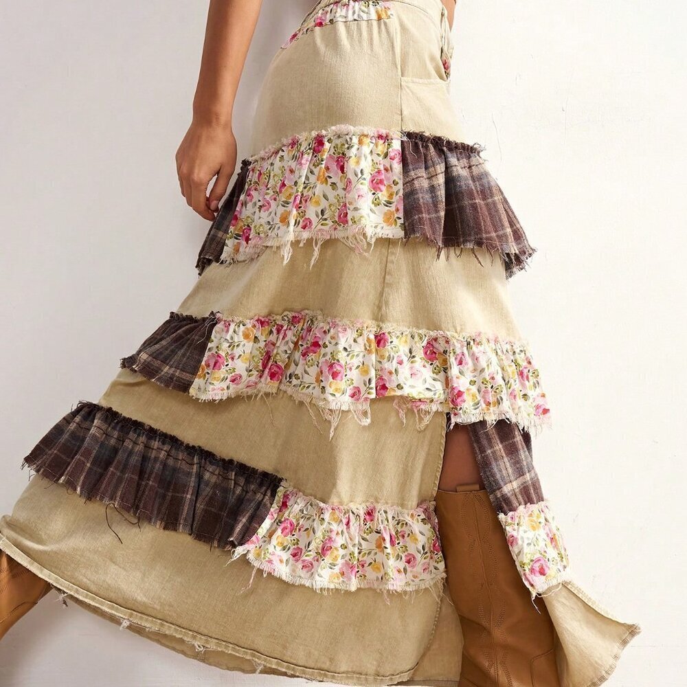 Khaki Boho Women's Country Vacation Casual Woven Patchwork Plaid Split Hem Skirt - Picture 1 of 7